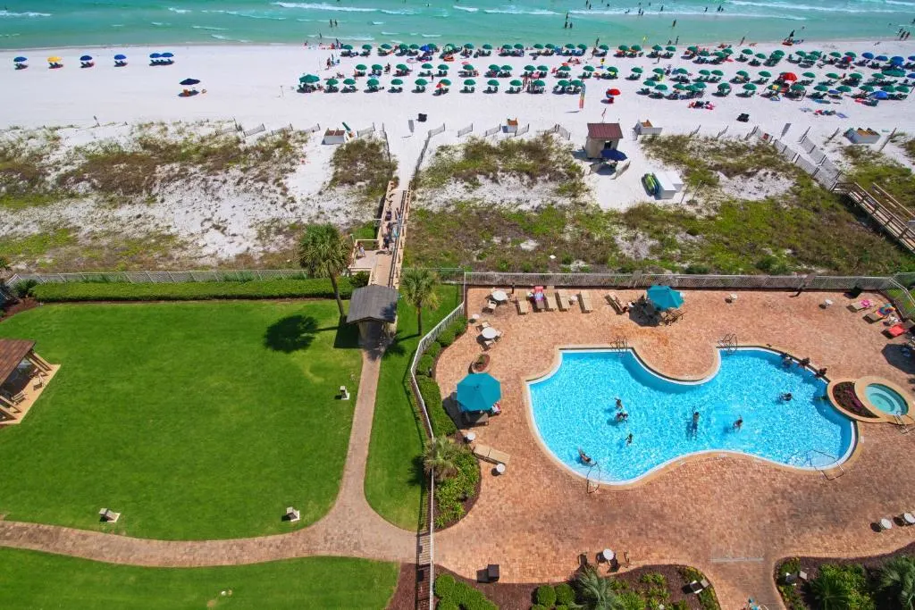 Aerial shot of the pool and beach at Sterling Sands, Destin best beachfront hotels in Destin Florida