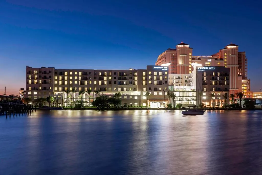 View from the water after sunset of Springhill Suites by Marriott in Clearwater Beach, Florida