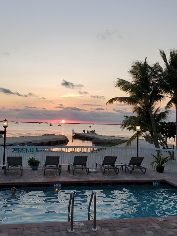 Chairs by the outdoor pool face the ocean at sunset at Bayside Inn in Key Largo