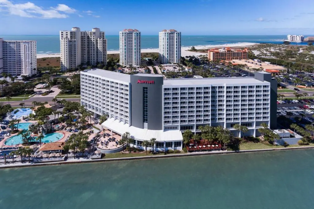 Aerial view from the ocean of Clearwater Beach Marriott Suites on Sand Key in Clearwater Beach, Florida